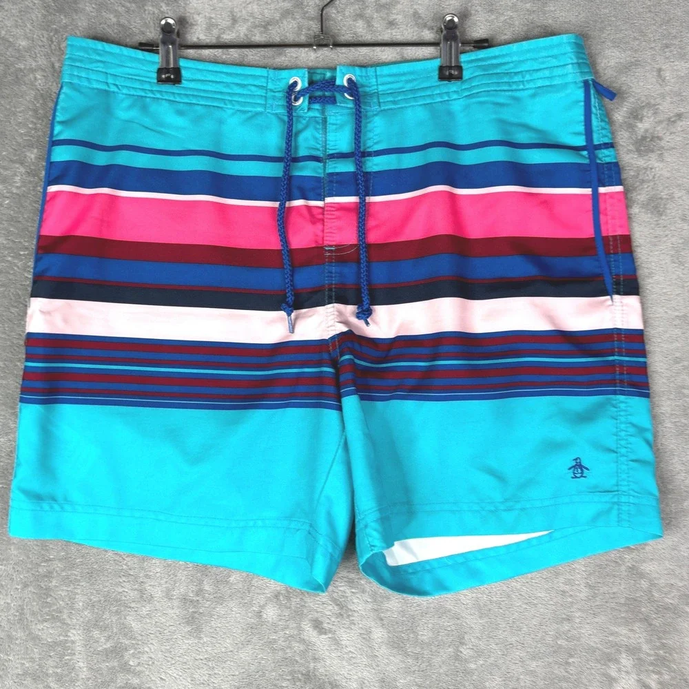 Original Penguin Mens Striped Board Shorts Turquoise Pink Blue Swim Trunks 34